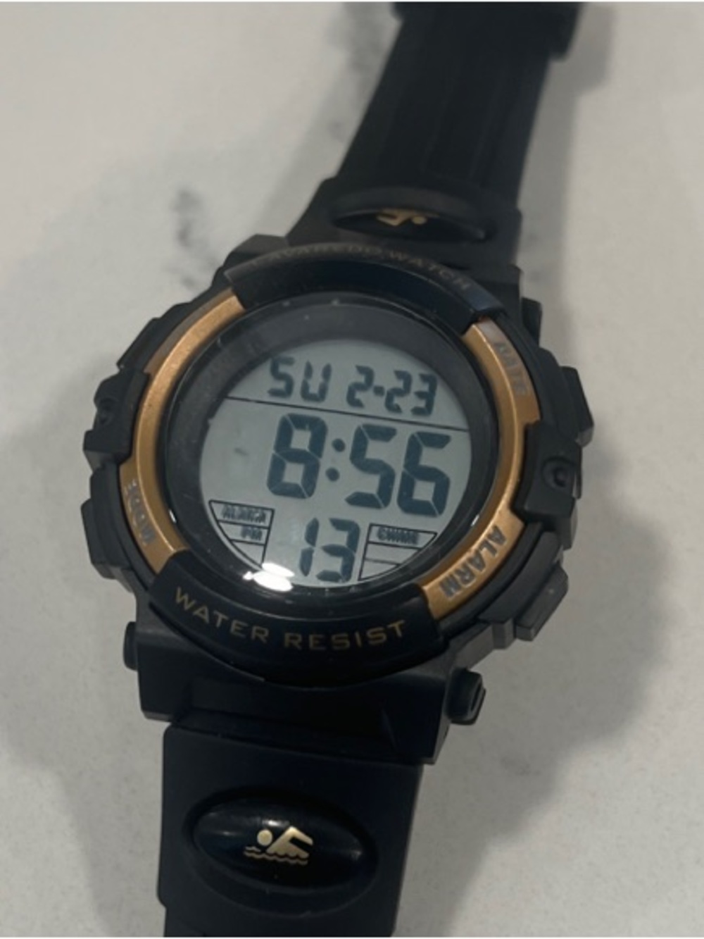 Black and Gold Digital Sports Watch with Water-Resistant Design